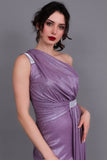 One-shoulder evening dress decorated with a crystal ribbon, mauve color