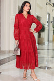 Floral lace midi dress with long sleeves, red 