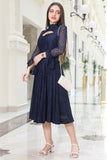 Lace midi dress with velvet belt, navy blue 