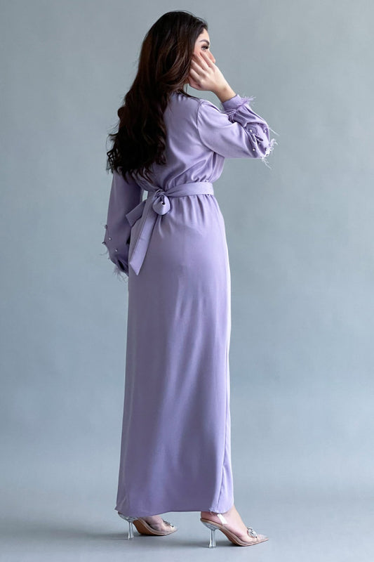 Wrap style dress with crystal embroidered sleeves, mauve color