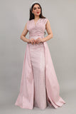 Evening dress embroidered with a pink train design