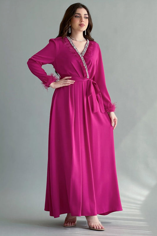 Crystal crepe dress with fuchsia feathers