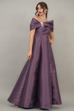 Mikado taffeta evening dress with bow sleeves, mauve color