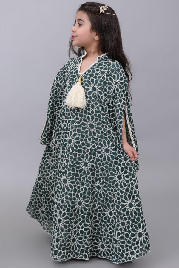 Girls embroidered oriental galabiya with wide sleeves, green color