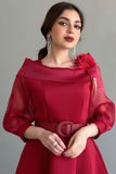 Classic collared dress decorated with red feathers 