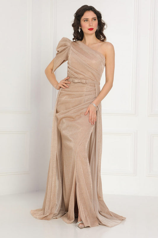 Beige one-shoulder shiny jersey dress