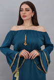 A soft oriental robe with ruffles sleeves decorated with golden crystals, turquoise colour