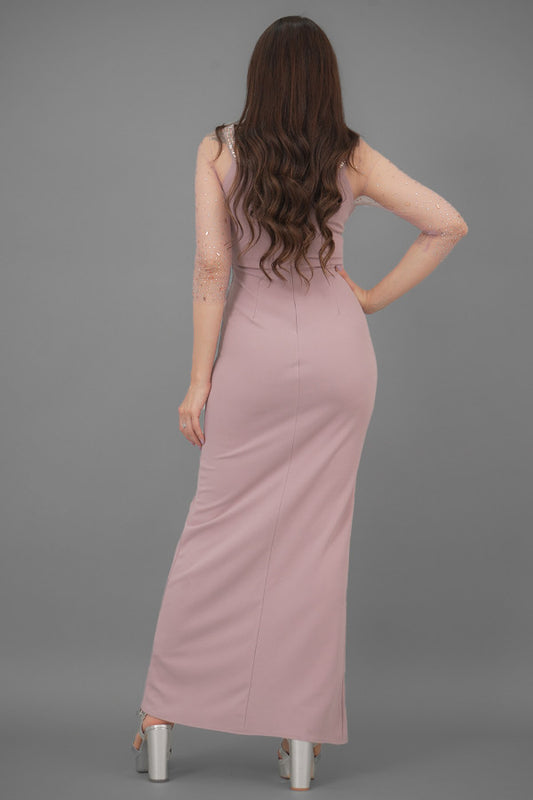 Pink maxi dress with tulle sleeves decorated with crystal ribbon