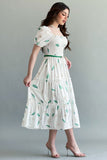 Green autumn leaf print dress