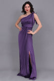 Purple one-shoulder satin Perkins evening dress