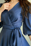 Chiffon wrap dress with tie at the waist, navy blue