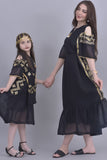 Girls' oriental jalabiya with open shoulder, embroidered, black