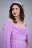 Soft evening dress with cape sleeves and an embroidered belt, lavender color