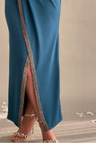 فستان جورسيه نمط لف مزين بشريط من الكريستال لون بترولي