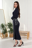 Midi dress with a wrap belt attached to the waist, navy blue 