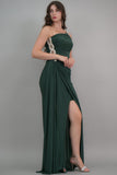 Green one-shoulder jersey evening dress embroidered with crystals