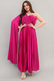 One-shoulder cape-sleeve plaid dress in fuchsia color