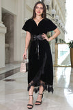 Black velvet wrap dress with belt 