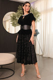 Black velvet midi dress with belt at the waist 