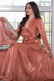 Metallic dress with cape sleeves, brick color