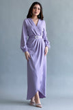 Wrap style dress with crystal embroidered sleeves, mauve color