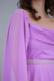 Soft evening dress with cape sleeves and an embroidered belt, lavender color