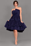 Short layered sequin evening dress, navy blue