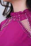 Layered dress with embroidered collar, mauve color