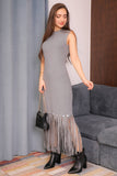 Winter dress decorated with frills and short sleeves, gray color 