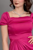 Satin off-shoulder midi dress with slit, fuchsia color