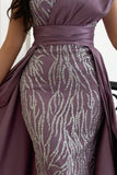 One-shoulder embroidered evening dress, mauve color