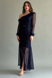 Asymmetric shoulder sequin dress decorated with feathers, navy blue