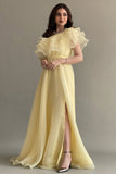 Yellow one-shoulder cloche dress with layers of ruffles