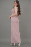 Pink maxi dress with tulle sleeves decorated with crystal ribbon