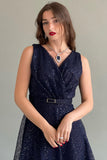 Short evening dress made of mesh tulle with sequins, navy blue