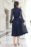 Lace midi dress with velvet belt, navy blue 