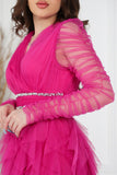 Evening dress with layers of ruffles and embroidered waist, fuchsia color