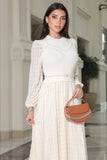 White lace sweater dress with belt at the waist 