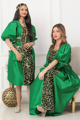 Girls' oriental galabiya, embroidered with puff sleeves, green 