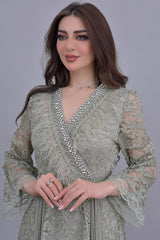 Green lace dress decorated with crystals and feathers