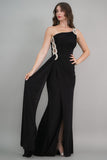 Black one-shoulder jersey evening dress embroidered with crystals