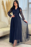 Evening dress with drape sleeves, navy blue