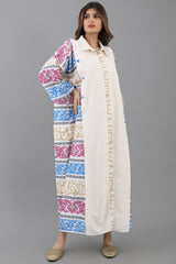 A wide oriental galabiya with Islamic patterns, mauve and blue colours 