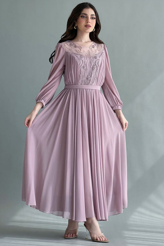 Cloche dress embellished with a flesh-colored shawl