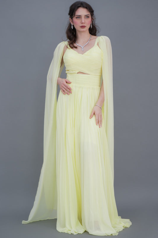 Pleated dress with cape sleeves, yellow