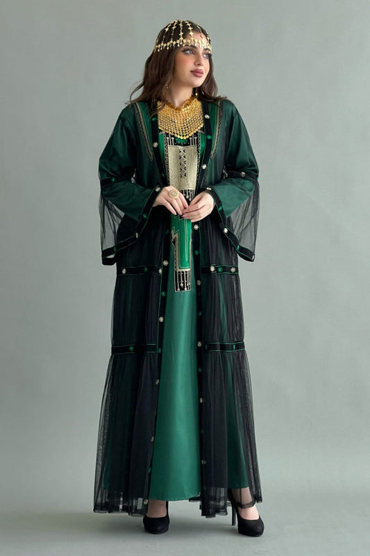 Traditional jalabiya, two pieces, embroidered, dark green