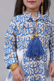 Girls' jalabiya with cloche design and Islamic patterns, blue colour 