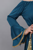 A soft oriental robe with ruffles sleeves decorated with golden crystals, turquoise colour