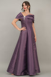 Mikado taffeta evening dress with bow sleeves, mauve color