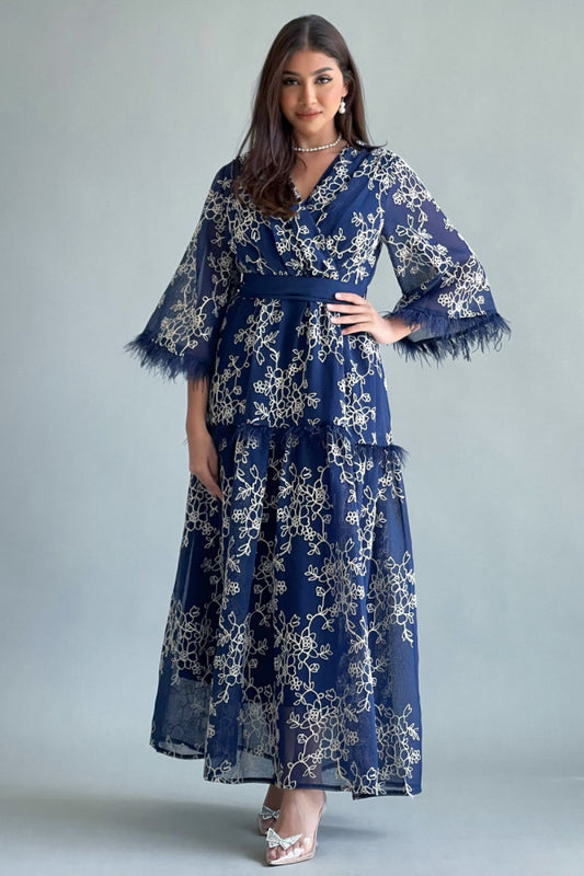 Navy embroidered maxi dress with feathers